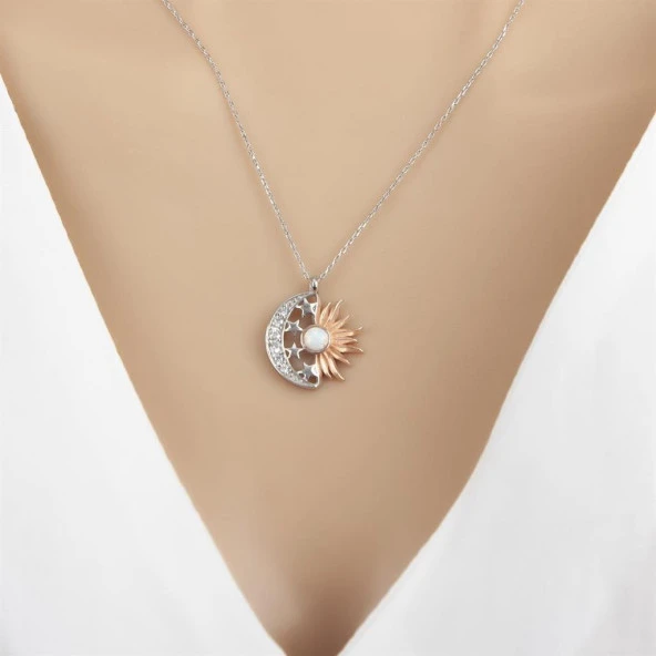 Ay Güneş Modeli Rodyum Kaplama 925 Gümüş Kadın Kolye - 5