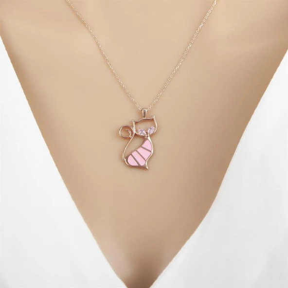 Pembe Kedi Modeli Rodyum Kaplama 925 Gümüş Kadın Kolye - 5