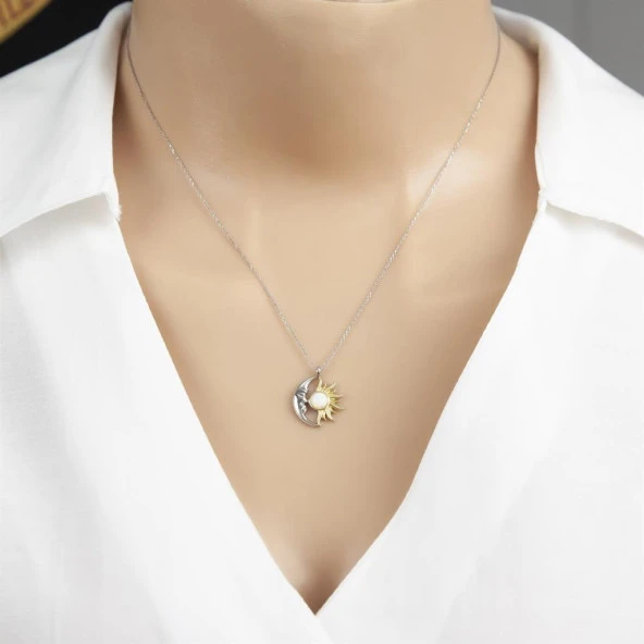 Ay Güneş Modeli Rodyum Kaplama 925 Gümüş Kadın Kolye - 2