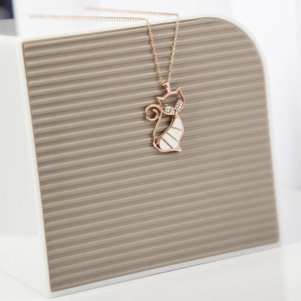 Beyaz Kedi Modeli Rodyum Kaplama 925 Gümüş Kadın Kolye - 3