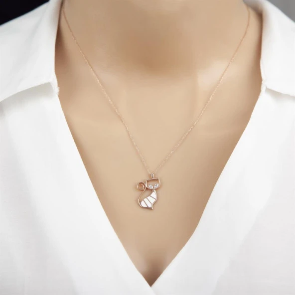 Beyaz Kedi Modeli Rodyum Kaplama 925 Gümüş Kadın Kolye - 4