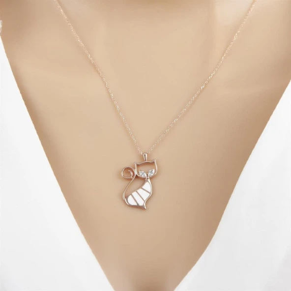 Beyaz Kedi Modeli Rodyum Kaplama 925 Gümüş Kadın Kolye - 5