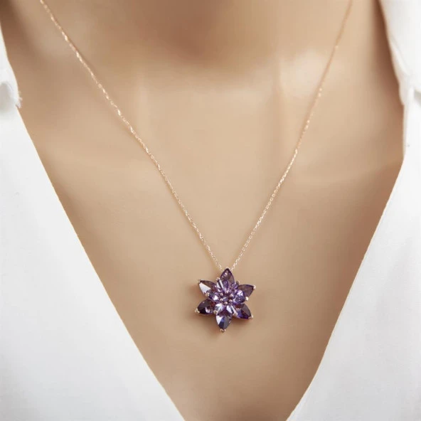 Mor Taşlı Kamelya Çiçeği Rose Kaplama 925 Gümüş Kadın Kolye - 4