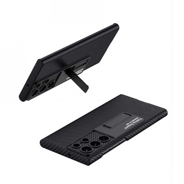 KNY Samsung Galaxy S23 Ultra Kılıf Karbon Desenli Standlı Sert Kipta Kapak Siyah - 2