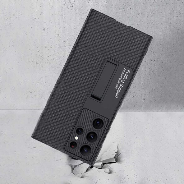 KNY Samsung Galaxy S23 Ultra Kılıf Karbon Desenli Standlı Sert Kipta Kapak Siyah - 3
