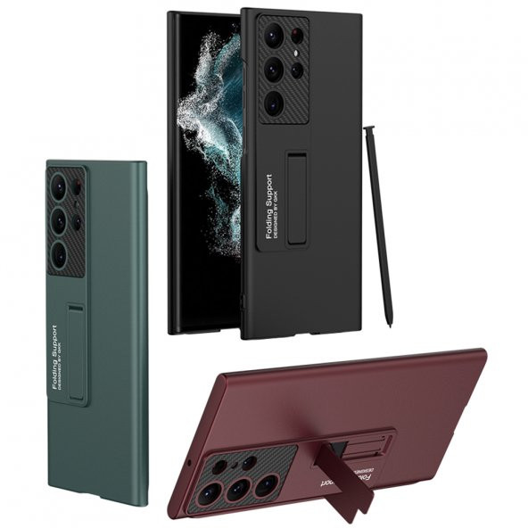 KNY Samsung Galaxy S23 Ultra Kılıf Renkli Standlı Sert Kipta Kapak Bordo - 4