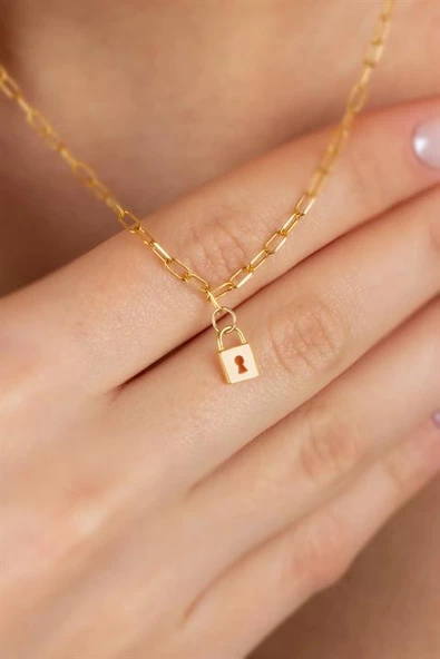 Gümüş Ataç Zincirli Minimal Kilit Kolye ürün görseli 1