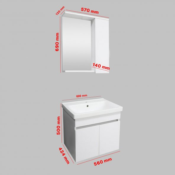 Karen Banyo Koza Banyo Dolabı Seti, 60 Cm Beyaz, Lavabo Dahil - 9