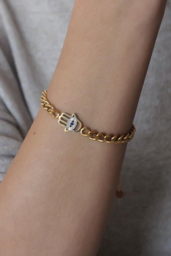 Çelik Gold Renk Fatma Ana El Figür Zincir Model Kadın Bileklik