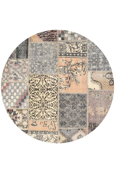 Patchwork Desenli Pamuk Taban Dijital Baskılı Yıkanabilir Yuvarlak Halı  BEJ 120X120