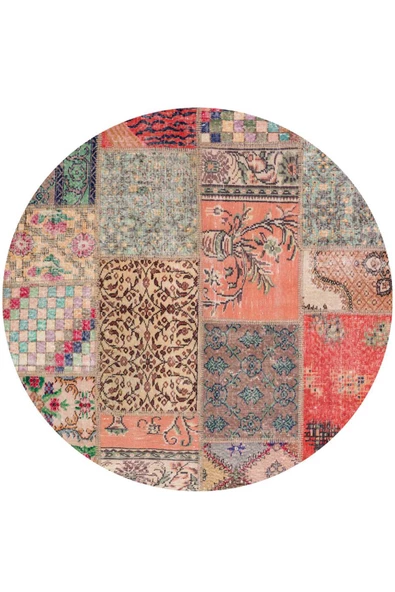 Patchwork Desenli Pamuk Taban Dijital Baskılı Yıkanabilir Yuvarlak Halı  KİREMİT 160X160