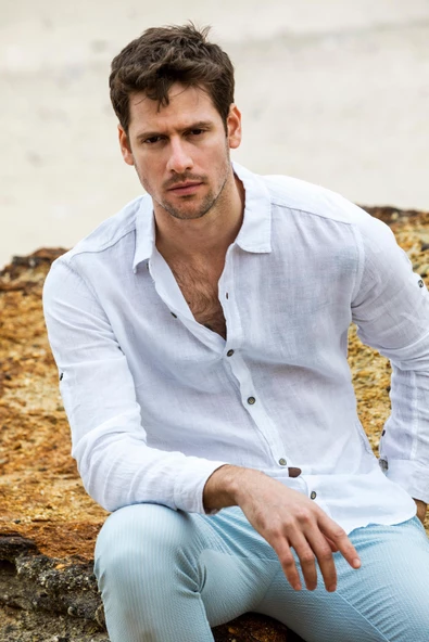 Erkek Regular Fit %100 Keten Uzun Kollu ve Katlama Kollu Gömlek - 2