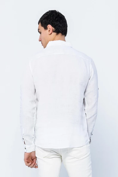 Erkek Regular Fit %100 Keten Uzun Kollu ve Katlama Kollu Gömlek - 5