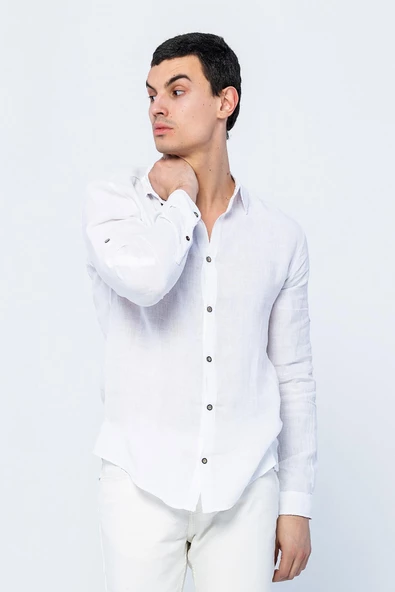 Erkek Regular Fit %100 Keten Uzun Kollu ve Katlama Kollu Gömlek - 7