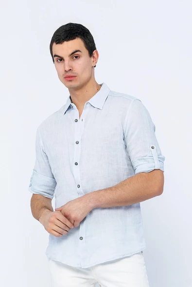 Erkek Regular Fit %100 Keten Uzun Kollu ve Katlama Kollu Gömlek - 11