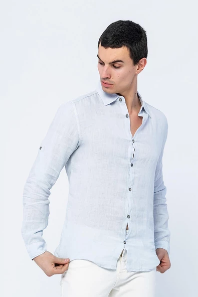 Erkek Regular Fit %100 Keten Uzun Kollu ve Katlama Kollu Gömlek - 12