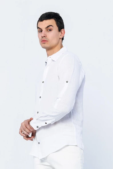 Erkek Regular Fit %100 Keten Uzun Kollu ve Katlama Kollu Gömlek - 6