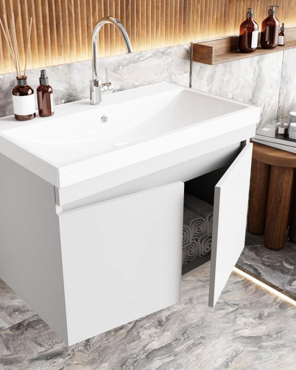 Karen Banyo Koza Banyo Dolabı Seti 80 Cm Beyaz Lavabo Dahil, Lavabolu 80 cm - 2