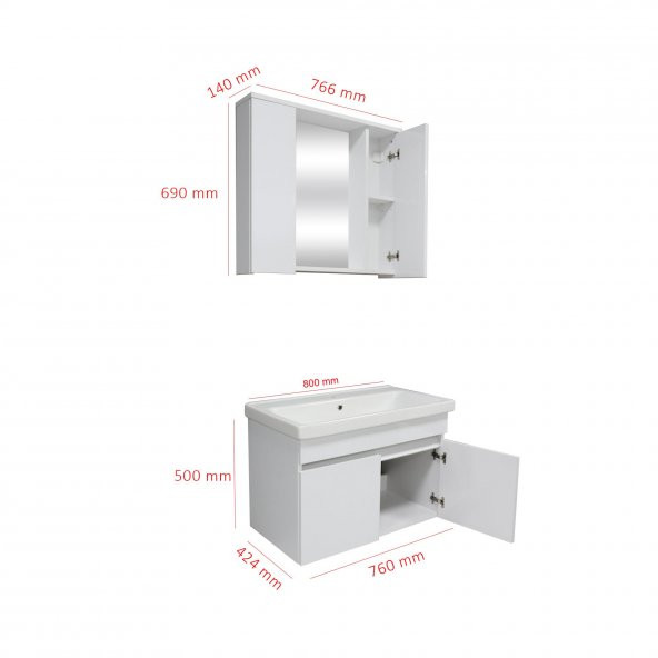Karen Banyo Koza Banyo Dolabı Seti 80 Cm Beyaz Lavabo Dahil, Lavabolu 80 cm - 8