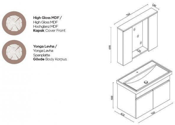 Karen Banyo Koza Banyo Dolabı Seti 80 Cm Beyaz Lavabo Dahil, Lavabolu 80 cm - 9