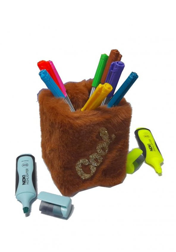 Masaüstü Kalemlik Peluş Tüylü Kahverengi Cool Simli 1 Adet Masa Üstü Hediyelik Kalem Kutusu Kız Modeli - 2