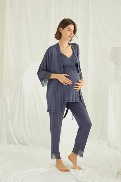 Monamise 18432 Lacivert Hamile Lohusa 3 Lü Pijama  Sabahlık Tk - 3