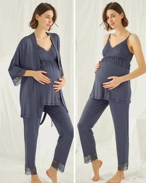 Monamise 18432 Lacivert Hamile Lohusa 3 Lü Pijama  Sabahlık Tk - 6