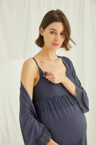 Monamise 18432 Lacivert Hamile Lohusa 3 Lü Pijama  Sabahlık Tk - 5