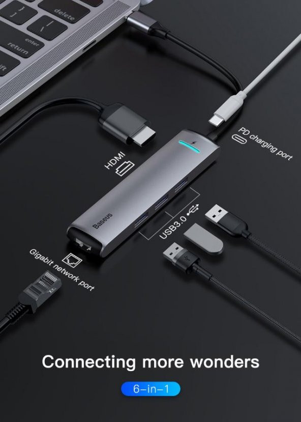 Baseus Led Işıklı 87W 4K 5 gbps 6İN1 Type C Hub HDMI 3x USB 3.0 RJ45 Type C Dönüştürücü Çoğaltıcı Hub - 2