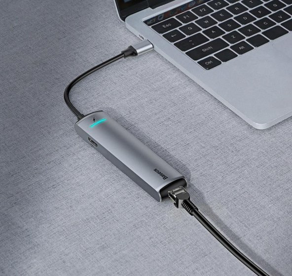 Baseus Led Işıklı 87W 4K 5 gbps 6İN1 Type C Hub HDMI 3x USB 3.0 RJ45 Type C Dönüştürücü Çoğaltıcı Hub - 6