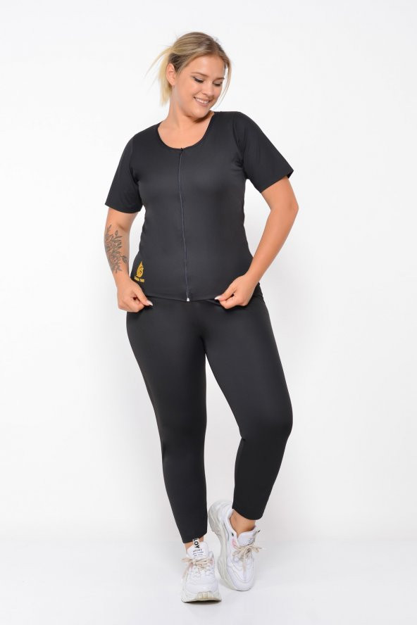 SAUNA SUIT Uniseex Orijinal Termal Sauna Alt Üst Fermuarlı Kısa Kollu Tayt Terleme Eşofman Takımı - 3