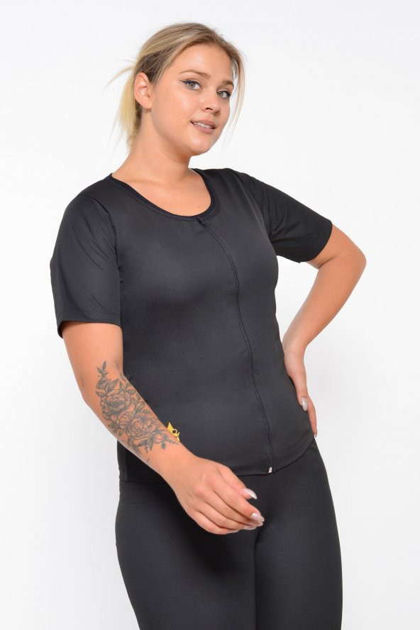 SAUNA SUIT Uniseex Orijinal Termal Sauna Alt Üst Fermuarlı Kısa Kollu Tayt Terleme Eşofman Takımı - 5