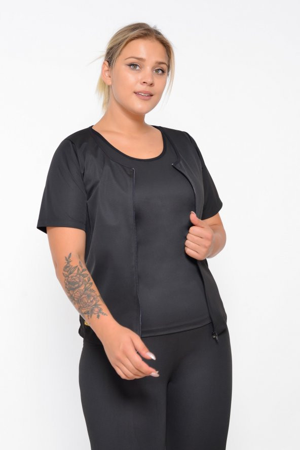 SAUNA SUIT Uniseex Orijinal Termal Sauna Alt Üst Fermuarlı Kısa Kollu Tayt Terleme Eşofman Takımı - 6