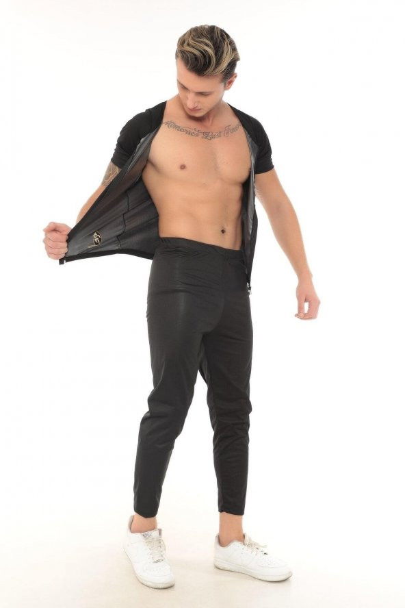 SAUNA SUIT Unisex Orijinal Termal Sauna Alt Üst Fermuarlı Kısa Kollu Tayt Terleme Eşofman Takımı - 3
