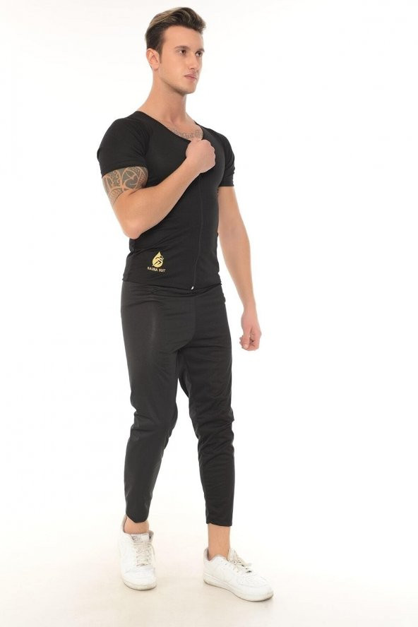 SAUNA SUIT Unisex Orijinal Termal Sauna Alt Üst Fermuarlı Kısa Kollu Tayt Terleme Eşofman Takımı - 4