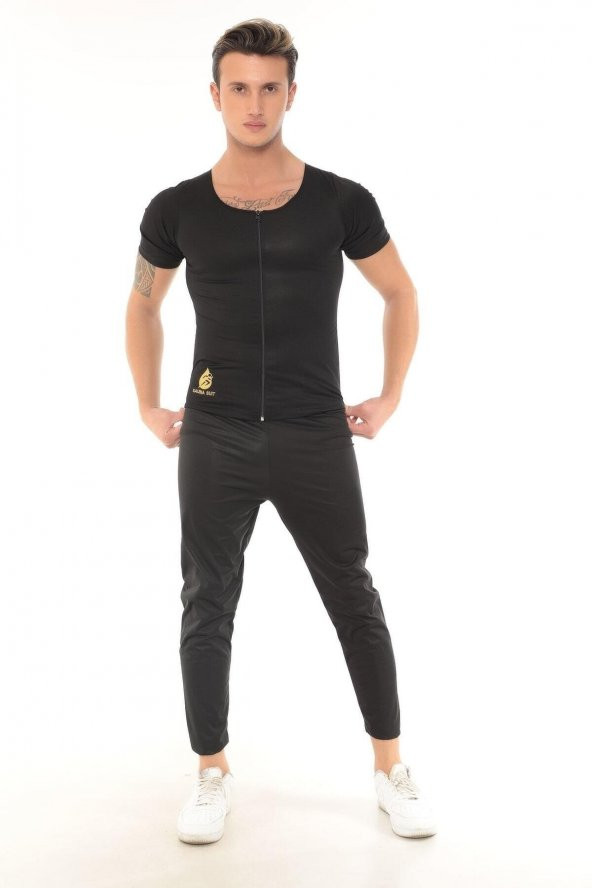 SAUNA SUIT Unisex Orijinal Termal Sauna Alt Üst Fermuarlı Kısa Kollu Tayt Terleme Eşofman Takımı - 5