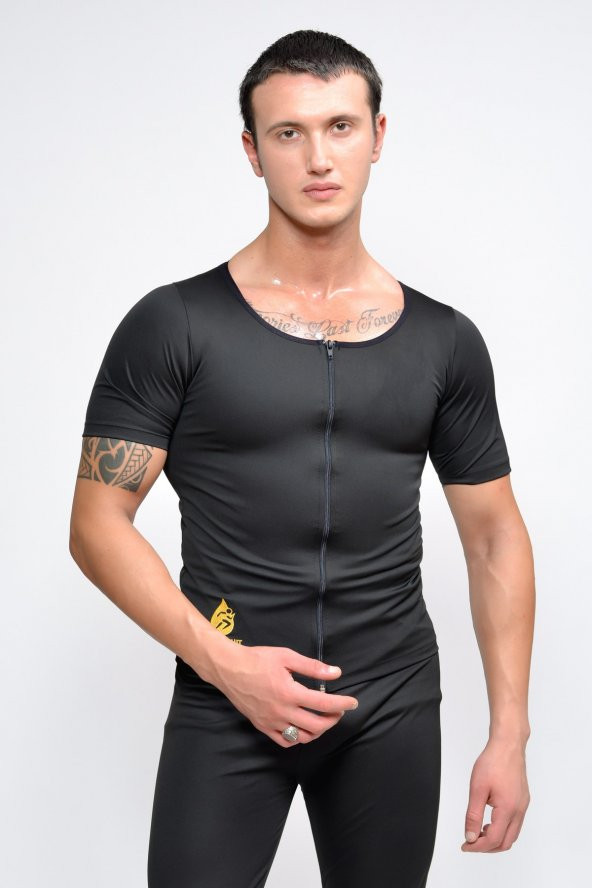 SAUNA SUIT Unisex Orijinal Fermuarlı Yarım Kollu ve Tayt Alt Üst Termal Takımla Terle Zayıfla Incelyky - 3