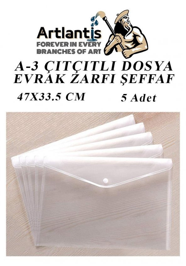 A3 Çıtçıtlı Dosya Şeffaf 5 Adet A-3 Çıtçıtlı Zarf Dosya Transparan 47x33.5 cm Büyük Boy Çıtçıtlı Dosya