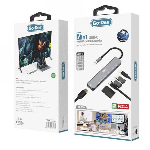 Go Des GD-6831 7 in 1 Type-C Hub - Resim 4