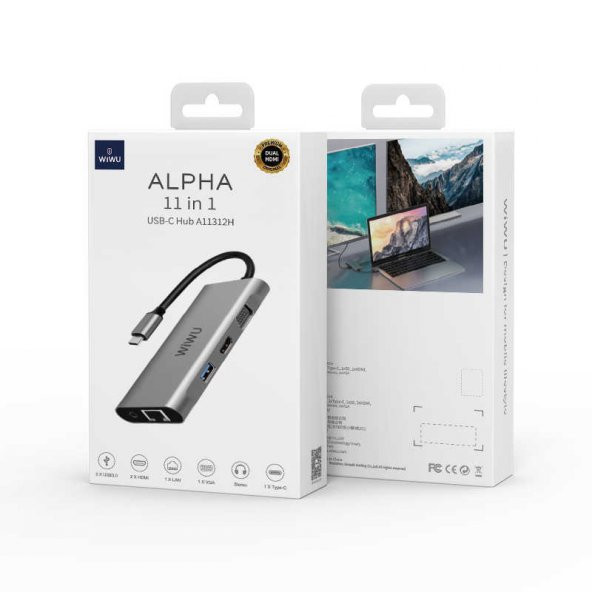 Wiwu Alpha 11312H 11 in 1 Type-C Hub HDMI 4K + VGA + RJ45 Ethernet + Aux Çoğaltıcı Dönüştürücü - Resim 3