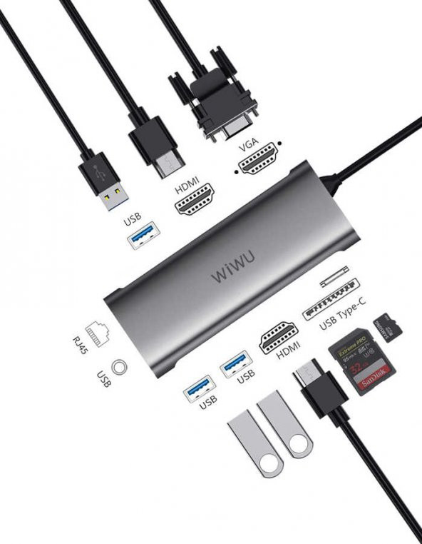 Wiwu Alpha 11312H 11 in 1 Type-C Hub HDMI 4K + VGA + RJ45 Ethernet + Aux Çoğaltıcı Dönüştürücü - Resim 5
