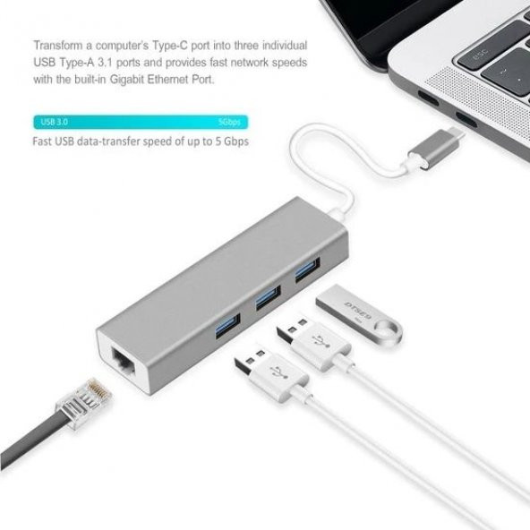 DAYTONA FC-05G USB Type-C => 1RJ45 (GIGABIT)+3*USB 3.0PORT ÇEVİRİCİ (4in1 HUB)