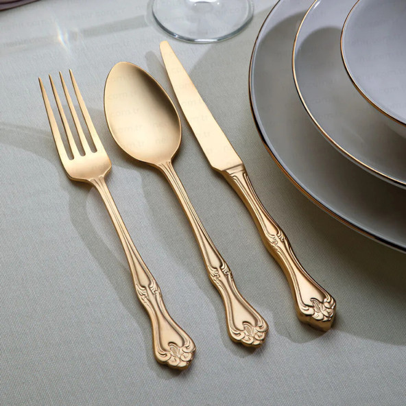 Nehir Lalezar Titanyum Gold 89 Parça Deri Kutulu 12 Kişilik Çatal Kaşık Bıçak Servis Seti Takımı - 2