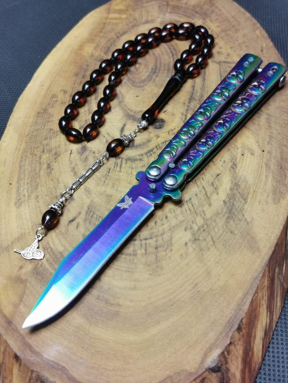 21 cm Benchmade Gökkuşağı Kelebek ve Toz Kehribar Tesbih