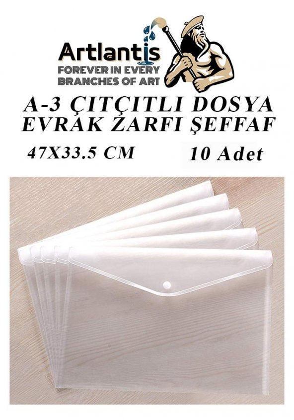 A3 Çıtçıtlı Dosya Şeffaf 10 Adet A-3 Çıtçıtlı Zarf Dosya Transparan 47x33.5 cm Büyük Boy Çıtçıtlı Dosya