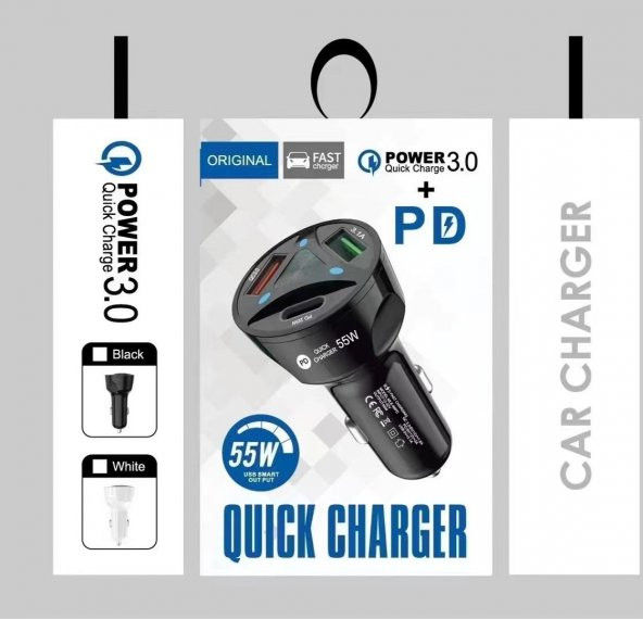 3lü Usb 55W Çakmaklık Power 3.0 Hızlı Araç Şarj Cihazı