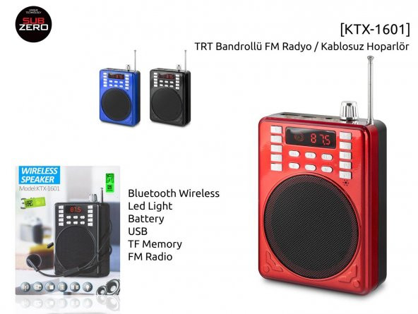 KTX-1601 BLUETOOTH HOPARLÖR (KIRMIZI-MAVİ-SİYAH RENK SEÇENEKLERİYLE)