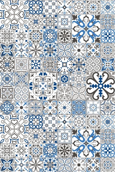 Frenda Home Çini Desenli Kaymaz Deri Taban Yıkanabilir Halı  MAVİ 80X150