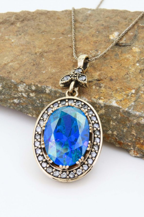 Otantik Serisi Mavi Safir Renkli Taşlı Otantik Gümüş Kadın Kolye - 2