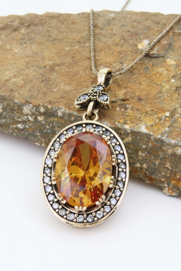 Otantik Serisi Sarı Strin Renkli Taşlı Otantik Gümüş Kadın Kolye - 2